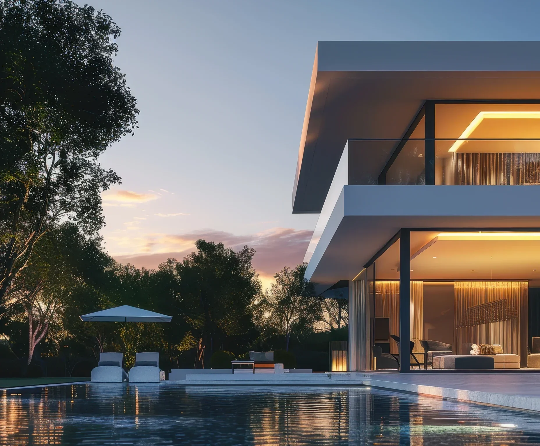 Residência de luxo contemporânea com piscina ao pôr do sol, cenário ideal para investimento imobiliário nos Estados Unidos e investimento em dólar — investir na Flórida, investir em Miami e investir em Orlando, com foco em dolarizar patrimônio e renda passiva em dólar.