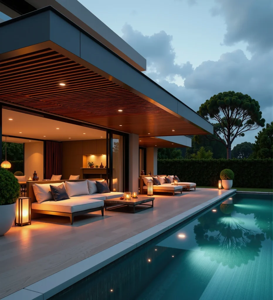 Casa moderna de alto padrão com piscina e área gourmet ao entardecer, ideal para investimento imobiliário nos Estados Unidos e proteção de patrimônio com investimento em dólar (investir nos EUA, Flórida, Miami e Orlando).